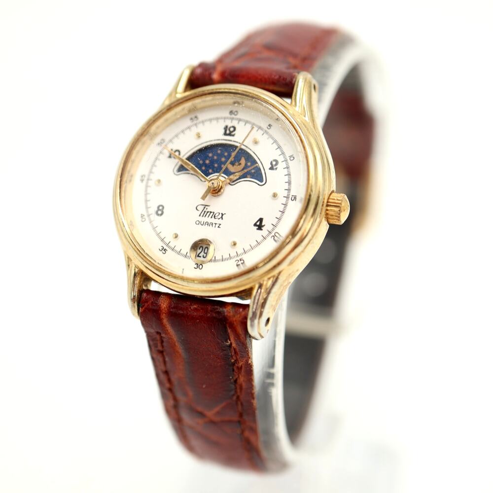 Vintage Timex Gold Tone Moon Phase 25mm Womens Watch Brown Leather w New Battery